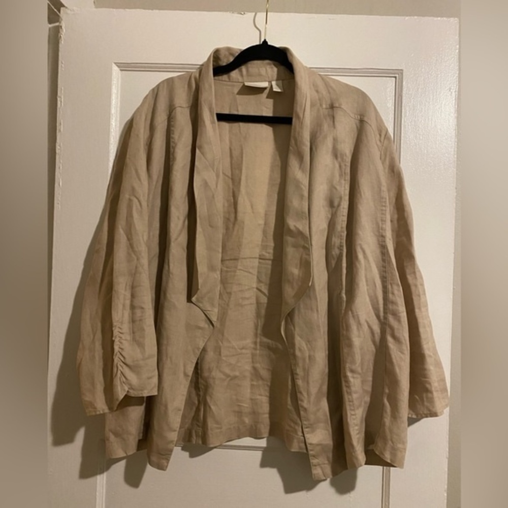 Chicos Beige 100% Linen Draped Neckline Jacket with Ruched Quarter Sleeves